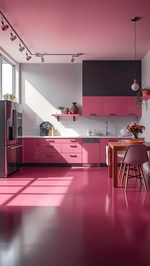A modern kitchen featuring dark pink flooring, pink cabinets, and a stylish design.