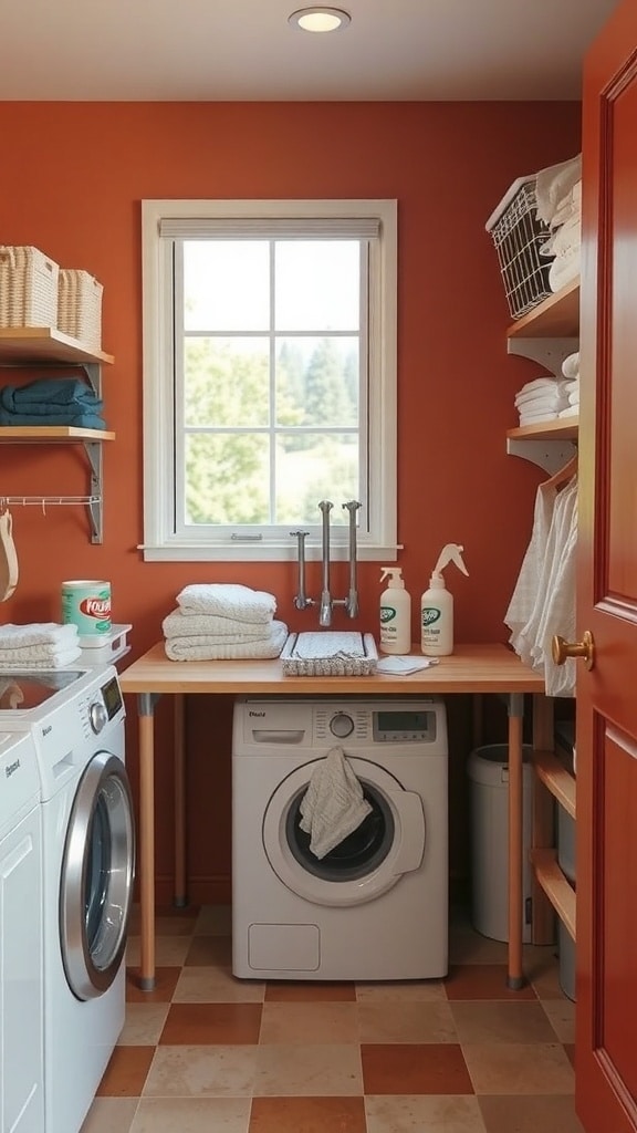 A cozy laundry room with burnt sienna walls, featuring a wooden folding station next to a washing machine, neatly stacked towels, and organized shelves.
