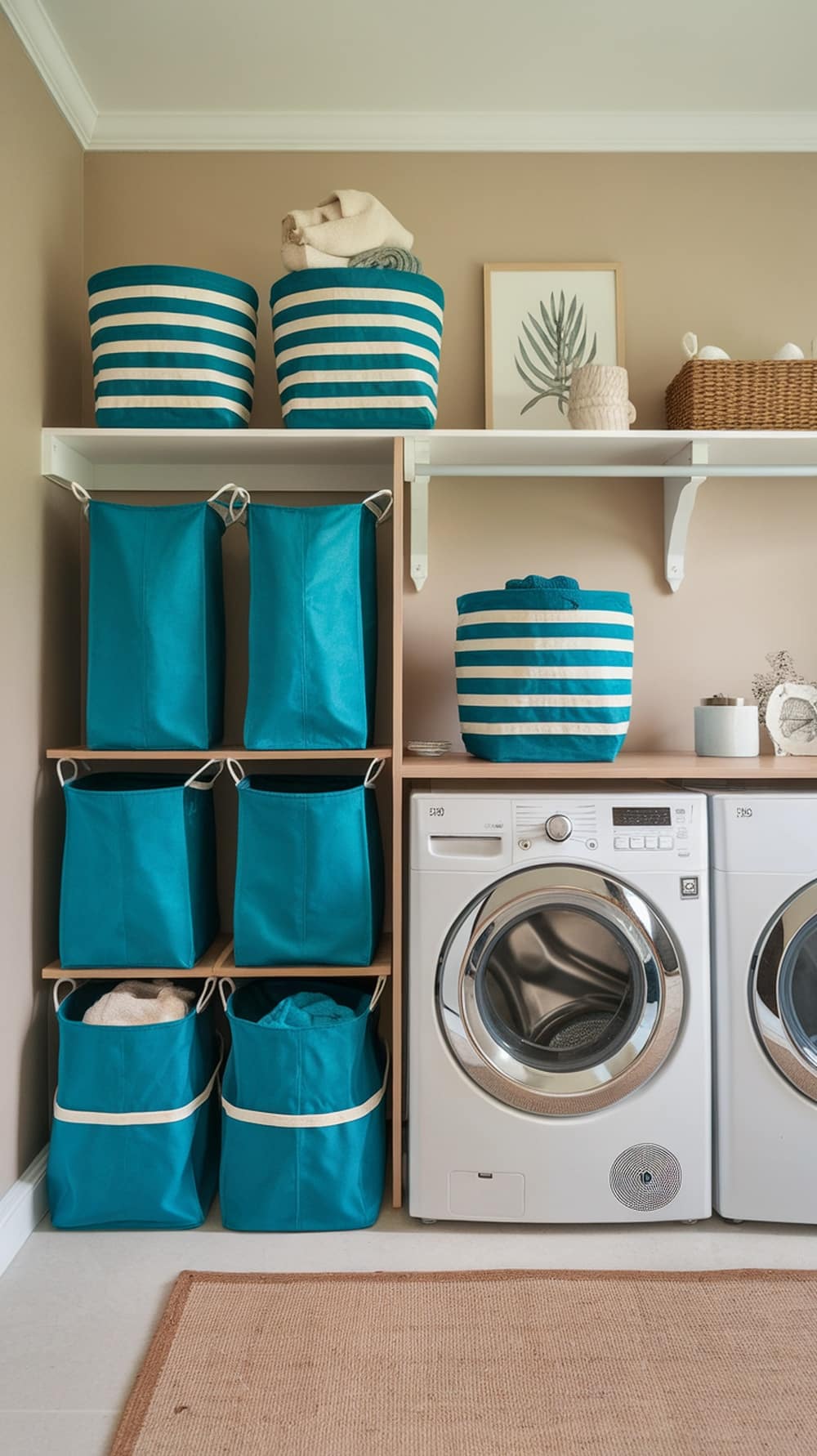Stylish peacock blue laundry baskets and hampers arranged on shelves in a laundry room.