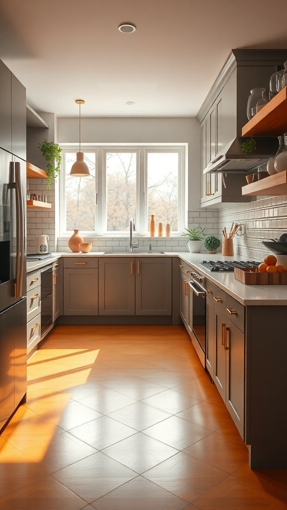 A modern kitchen featuring subtle ochre flooring, gray cabinets, and white countertops, illuminated by natural light.