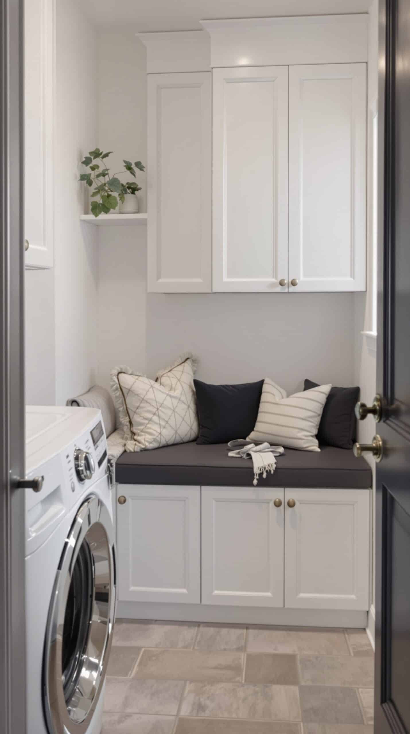 A cozy nook in a laundry room with dark upholstery and white cabinetry.