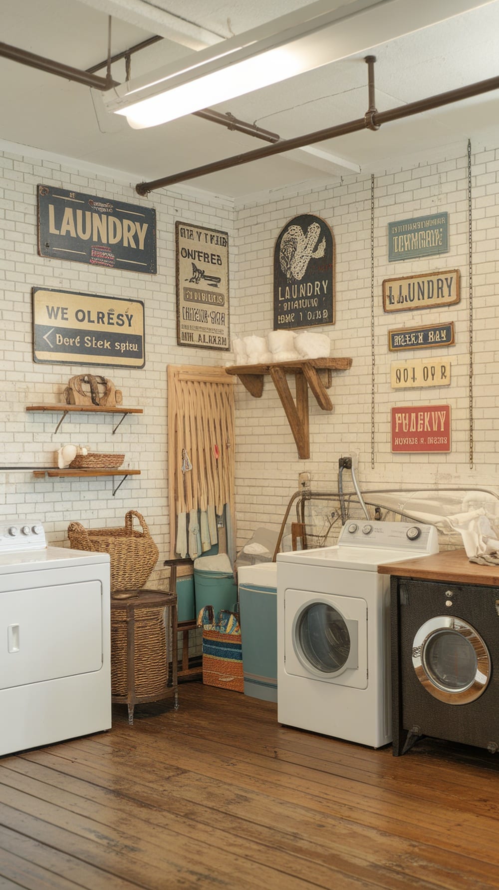 A vintage-inspired laundry room with retro signs, wooden shelves, and woven baskets.