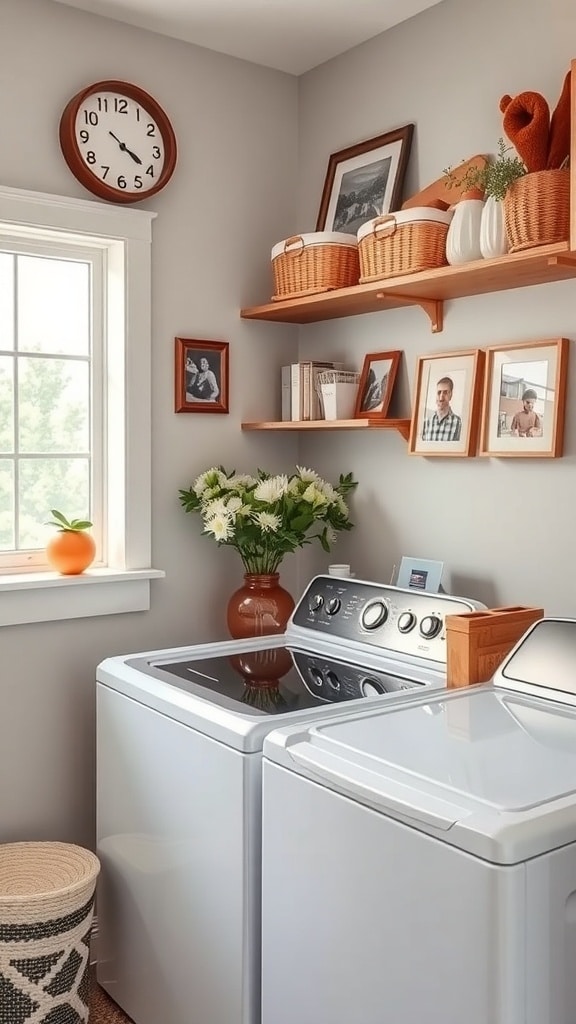 A cozy laundry room featuring warm burnt sienna accents, natural wood shelves, framed photos, and fresh flowers.