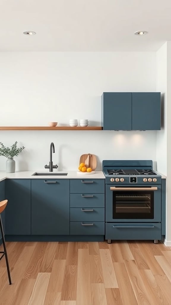 A modern kitchen featuring slate blue cabinets and appliances, with a light countertop and wooden accents.