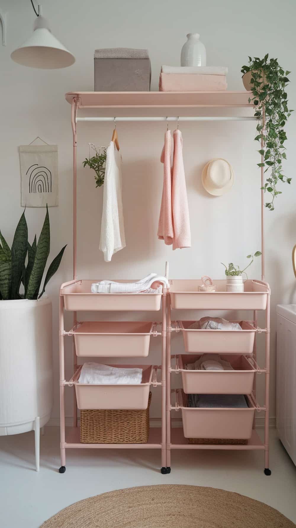 A functional pink folding station with shelves, baskets, and hanging space in a laundry room.