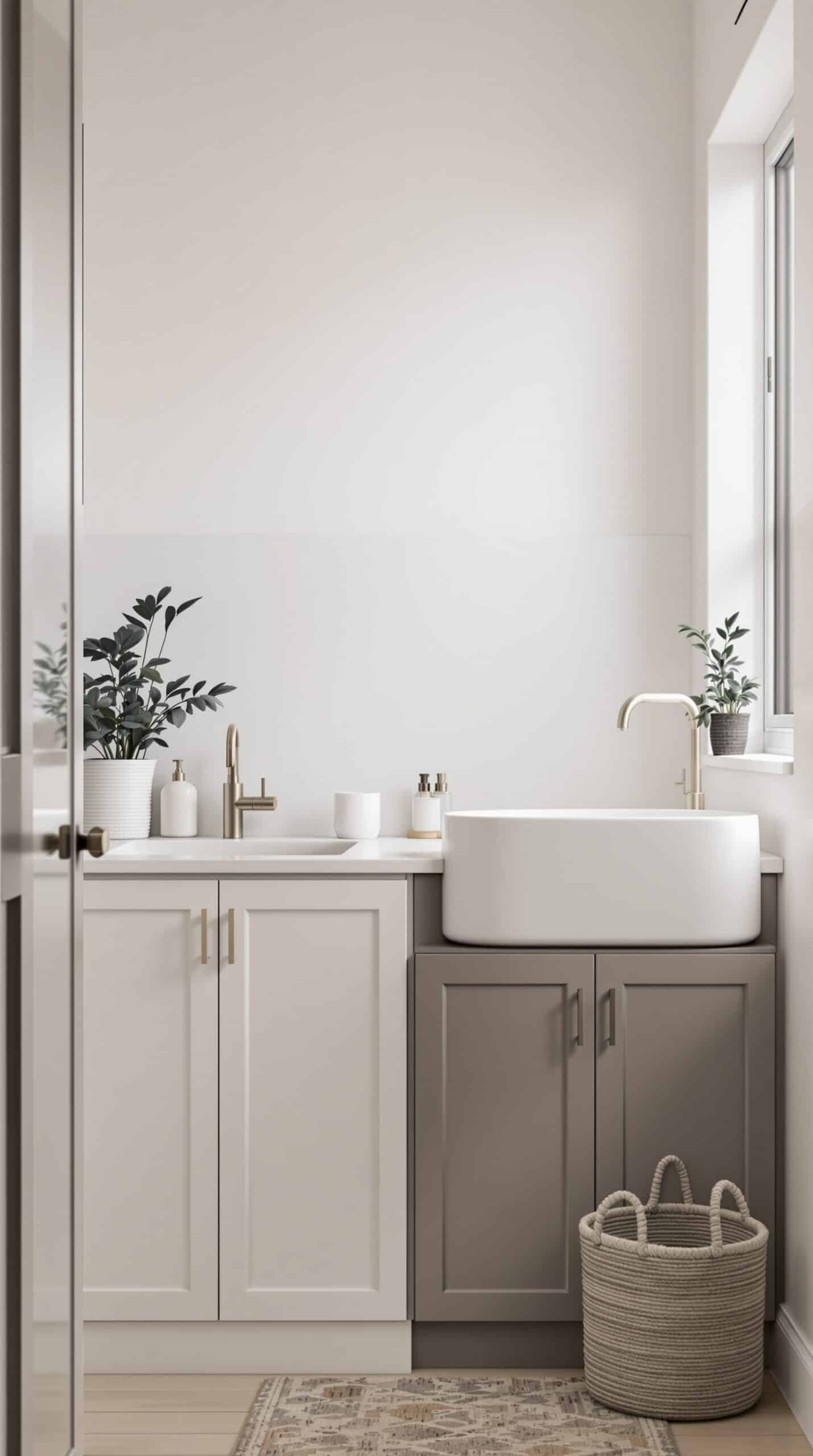 Minimalist laundry sink area with greige cabinetry, white sink, and potted plants