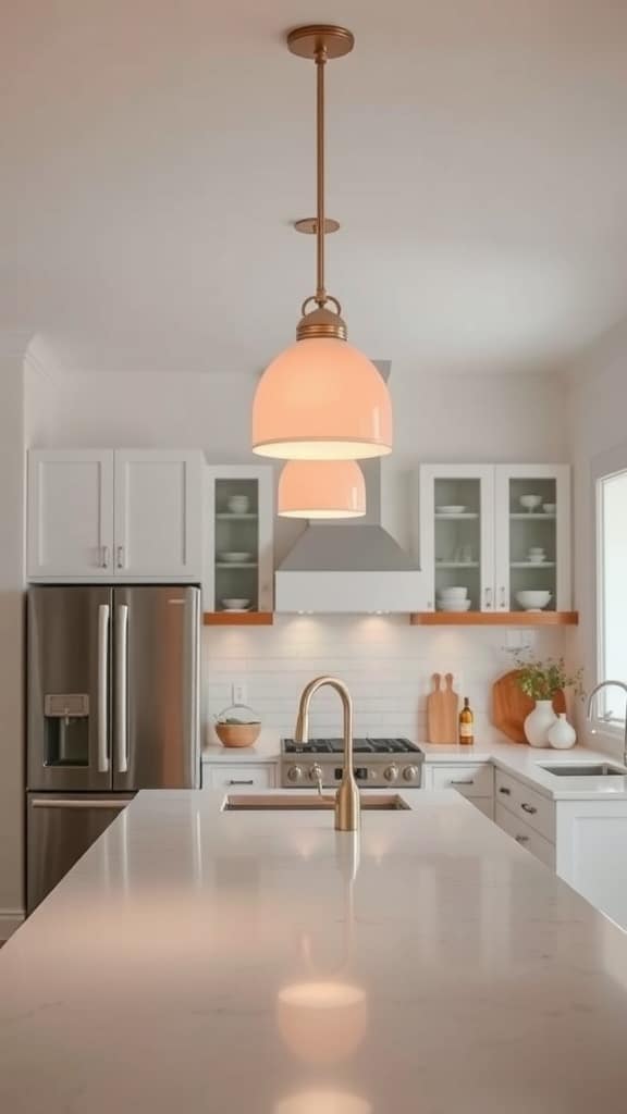 A modern kitchen featuring blush pink pendant lighting above a marble countertop.