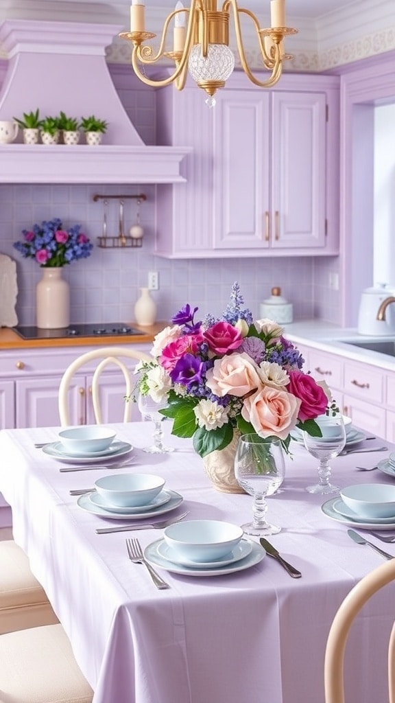 A lavender-themed kitchen table setting with flowers and elegant dishware.