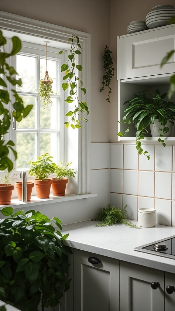 A serene cream kitchen filled with lush greenery, featuring hanging plants and potted herbs by the window.
