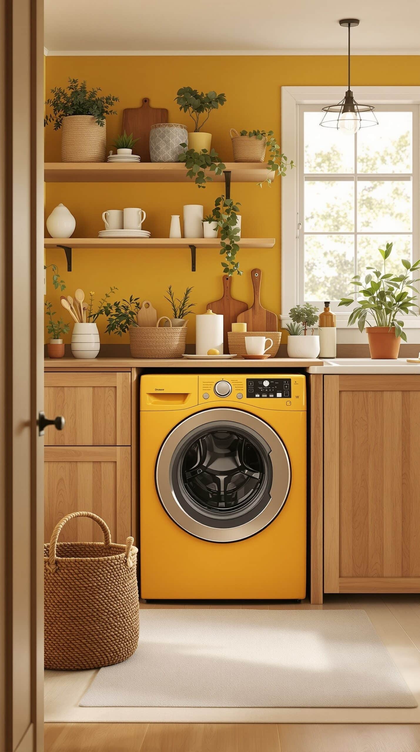 A bright mustard yellow laundry room with a yellow washing machine, wooden cabinets, and various plants.