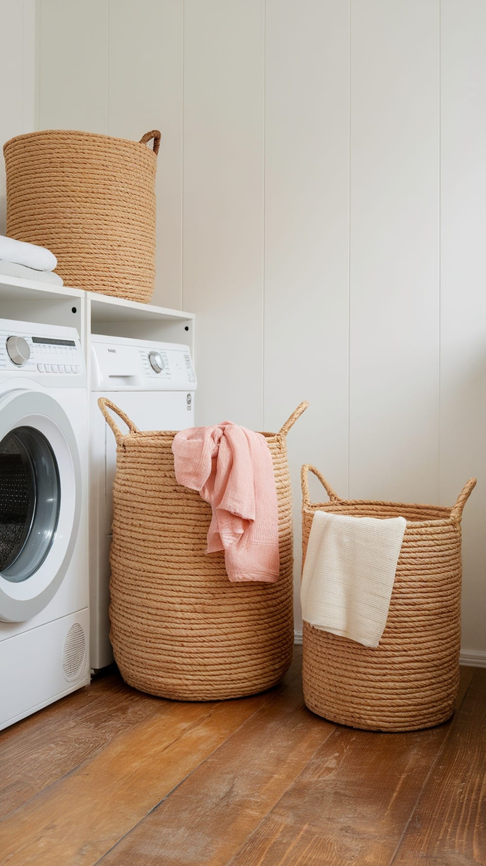 Stylish woven laundry baskets in earthy tones next to a washing machine