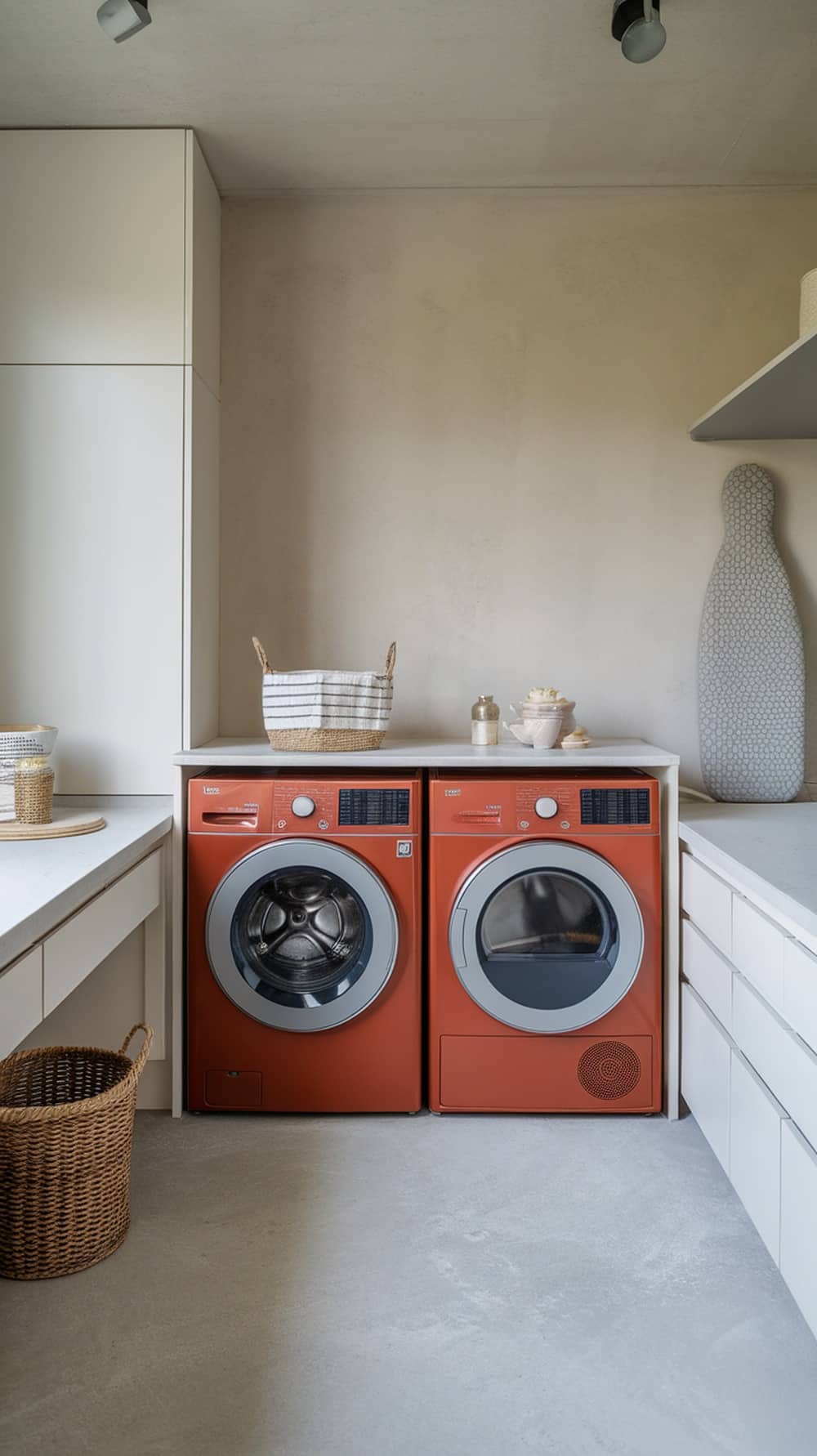 A modern laundry room featuring rust orange washer and dryer appliances against a neutral backdrop.