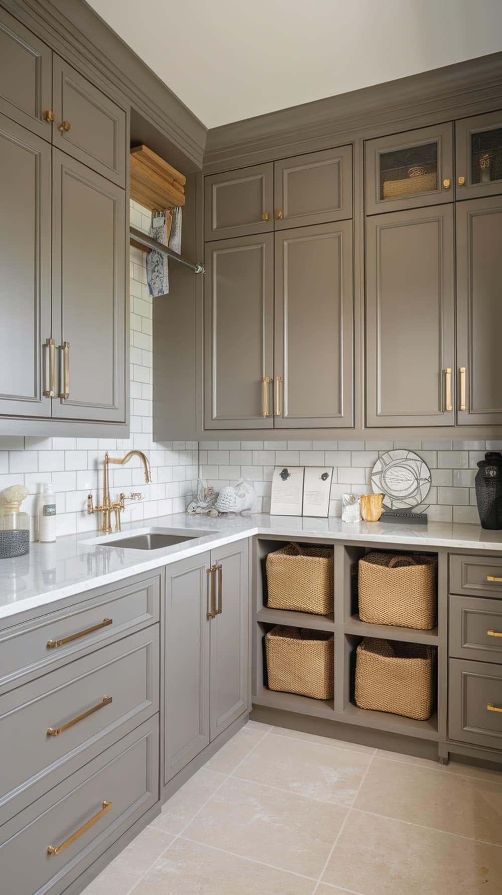 A stylish laundry room featuring taupe cabinets with gold hardware, organized shelves, and woven baskets.