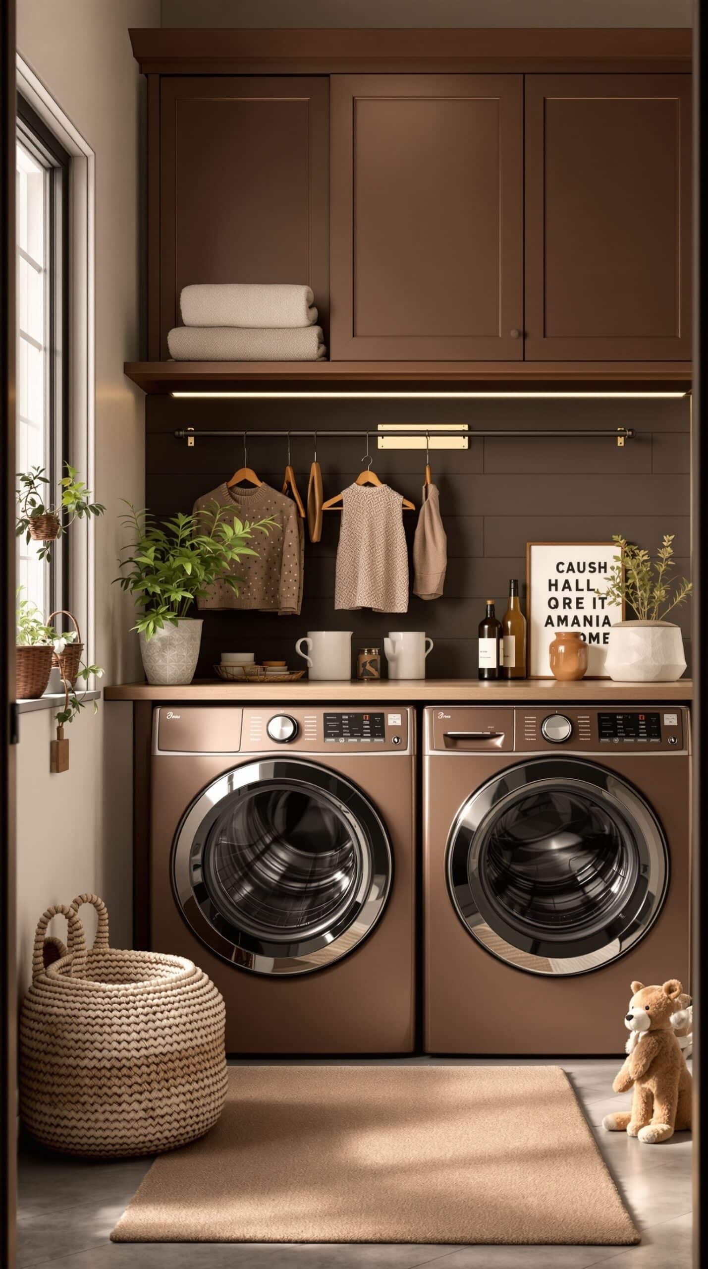 A stylish laundry room featuring chocolate-colored cabinets, cream walls, and natural decor elements.