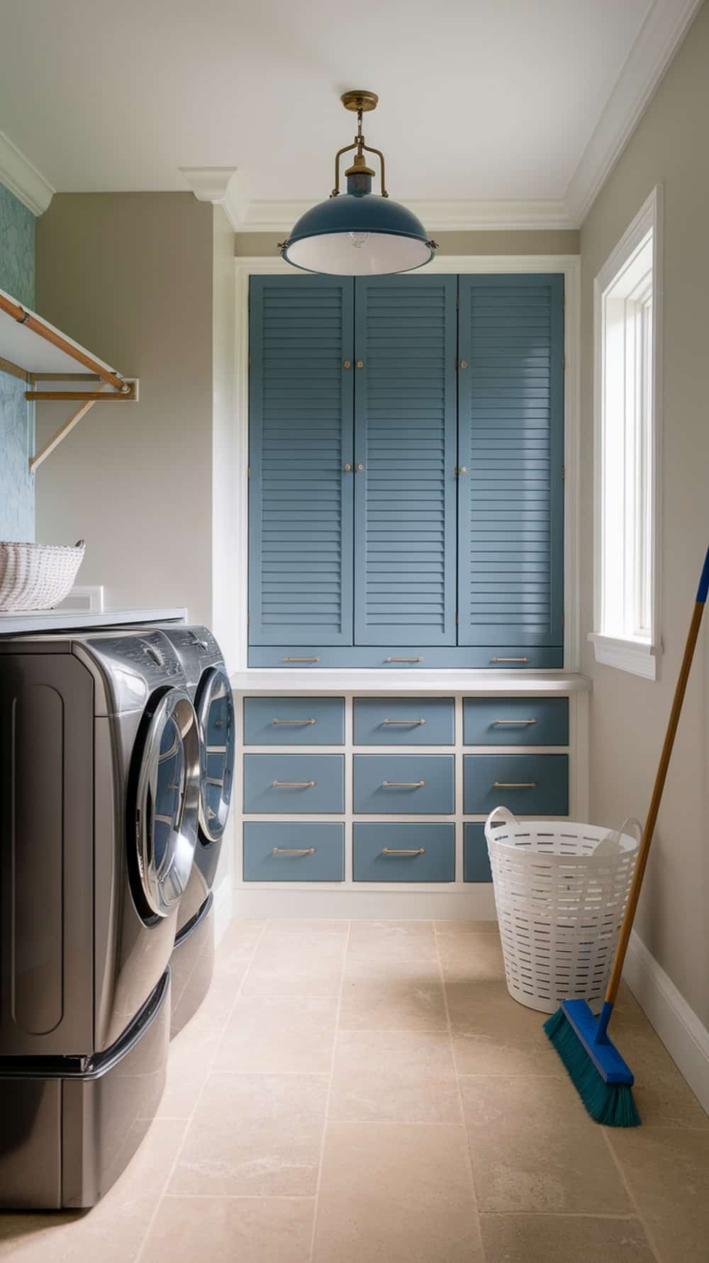 A modern laundry room featuring slate blue cabinetry and a stylish pendant light.