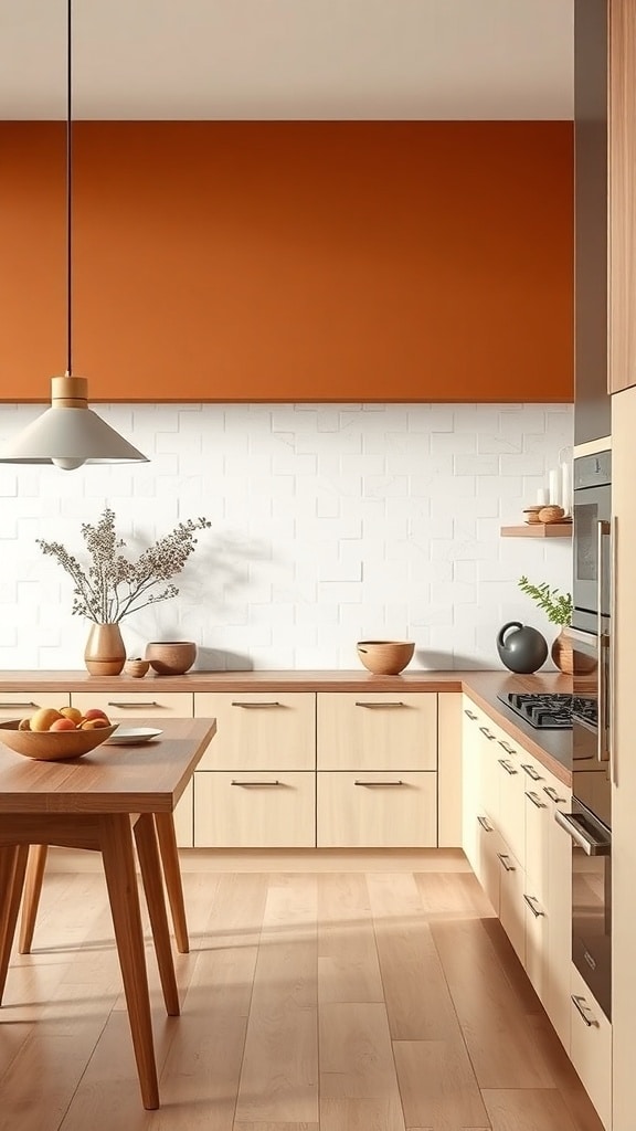 A modern kitchen featuring burnt sienna walls, light wood cabinetry, and a white brick wall.