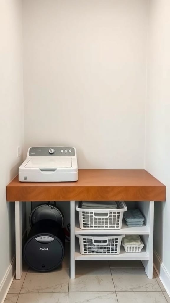 A functional laundry folding station with a wooden countertop, washing machine, and storage baskets.