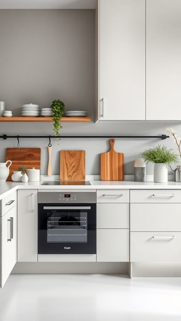 A minimalist white kitchen with wooden accents and modern appliances.