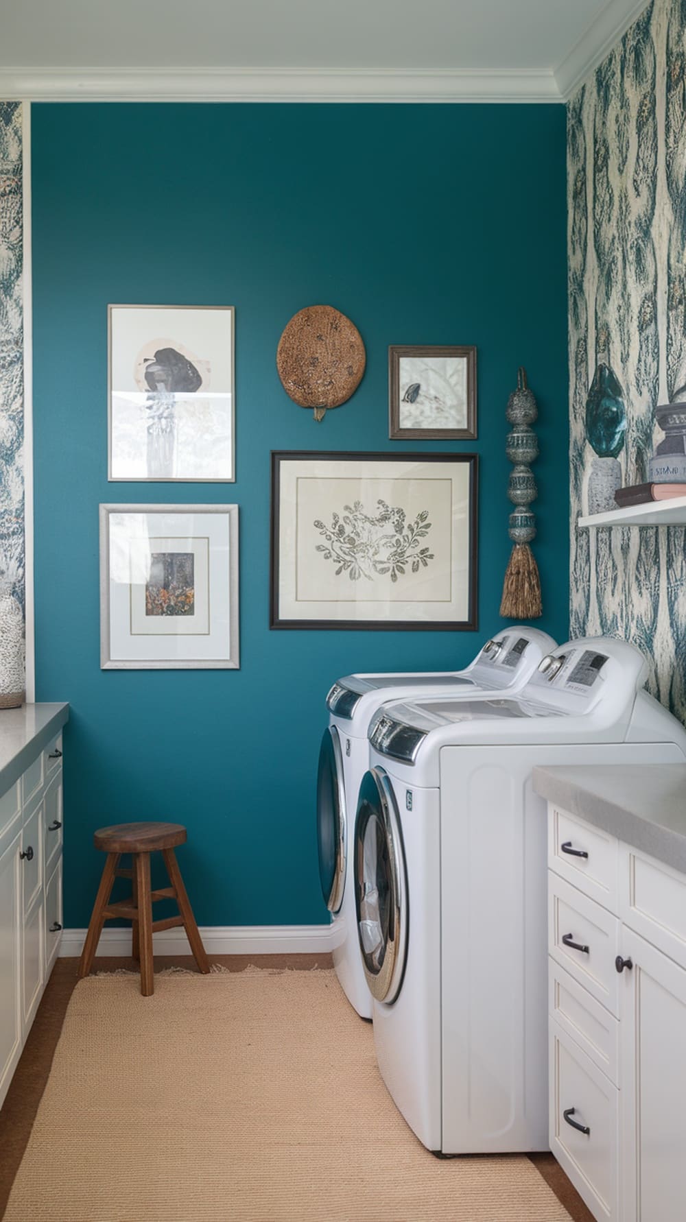 Laundry room featuring a teal accent wall with framed artwork and white appliances.