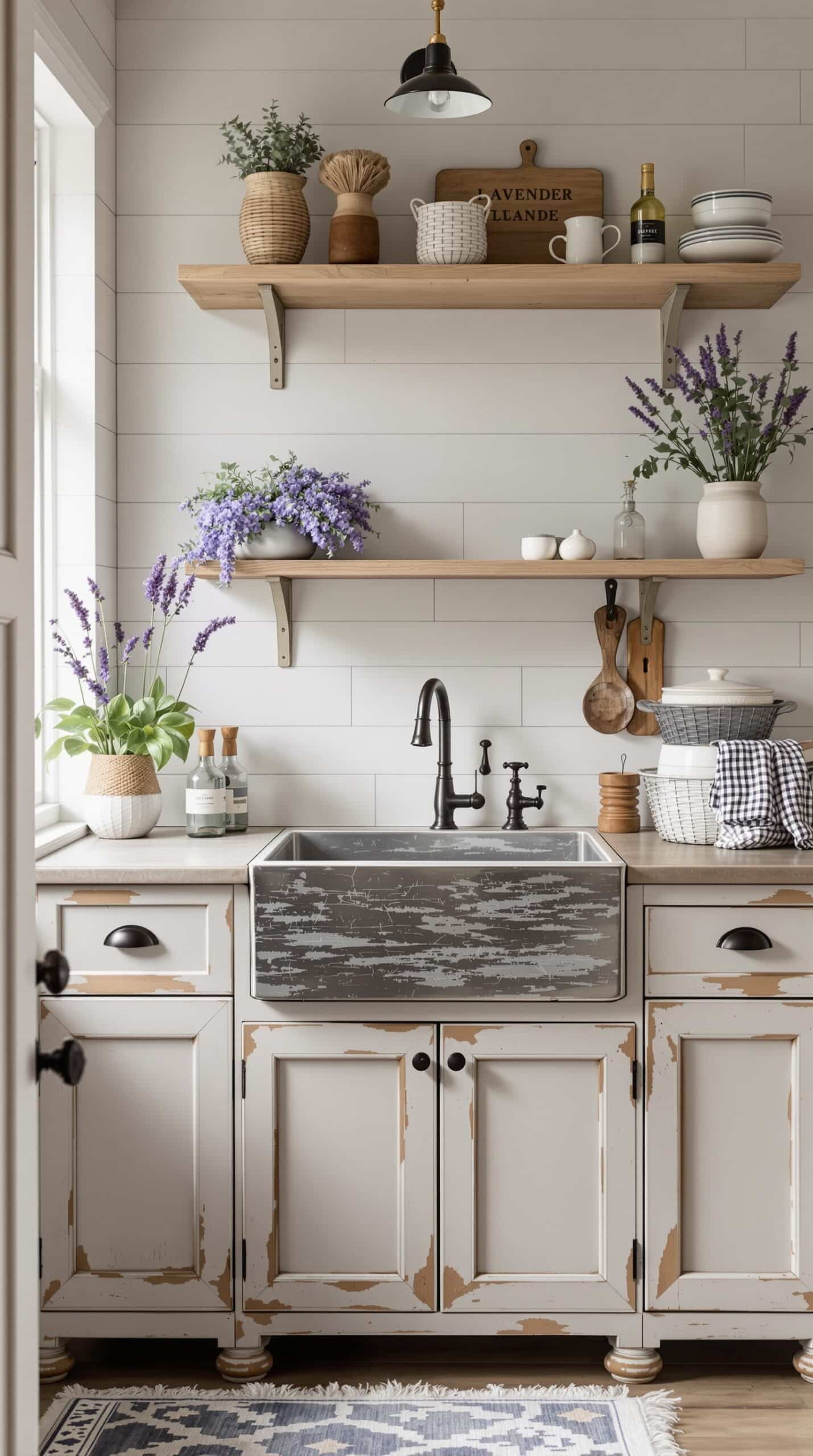 A rustic farmhouse sink in a lavender-themed laundry room with wooden shelves and plants.