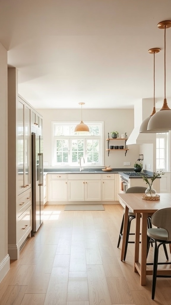 A greige kitchen featuring statement lighting with pendant lights, natural wood flooring, and a spacious layout.
