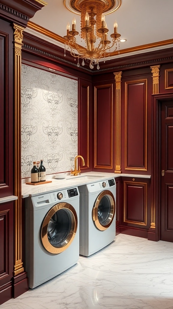 A luxurious laundry room featuring burgundy walls, gold accents, and modern washing machines.