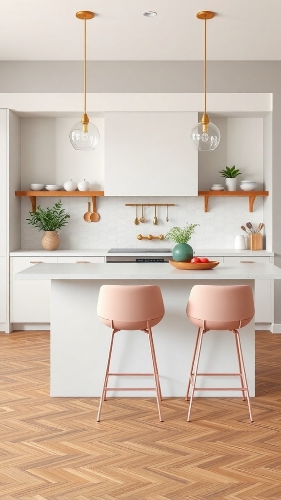 A modern kitchen featuring blush pink counter stools, a white island, and wooden flooring.