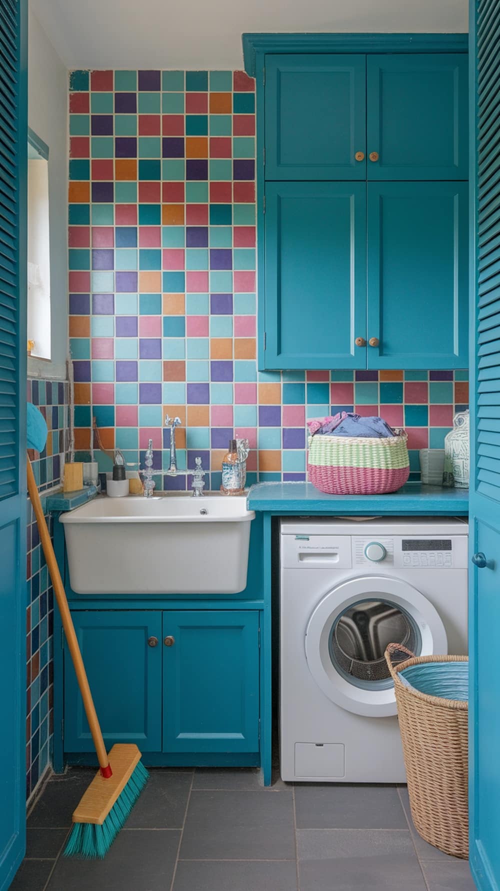 A vibrant laundry room with a colorful tile backsplash in peacock blue, featuring various tiles in turquoise, purple, and coral.