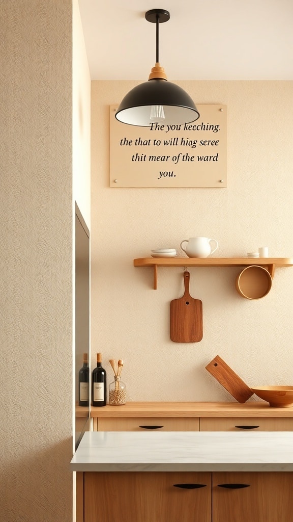 A cozy kitchen featuring textured beige walls, wooden fixtures, and a black pendant light.