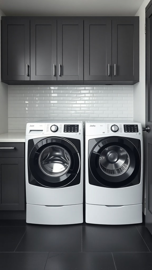 A modern laundry room featuring a stylish white washer and dryer pair with dark cabinetry and a glossy backsplash.