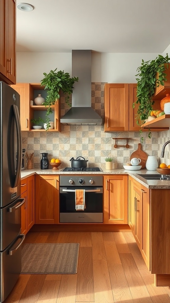 A cozy kitchen featuring natural wood cabinets in burnt sienna hues, with plants and modern appliances.
