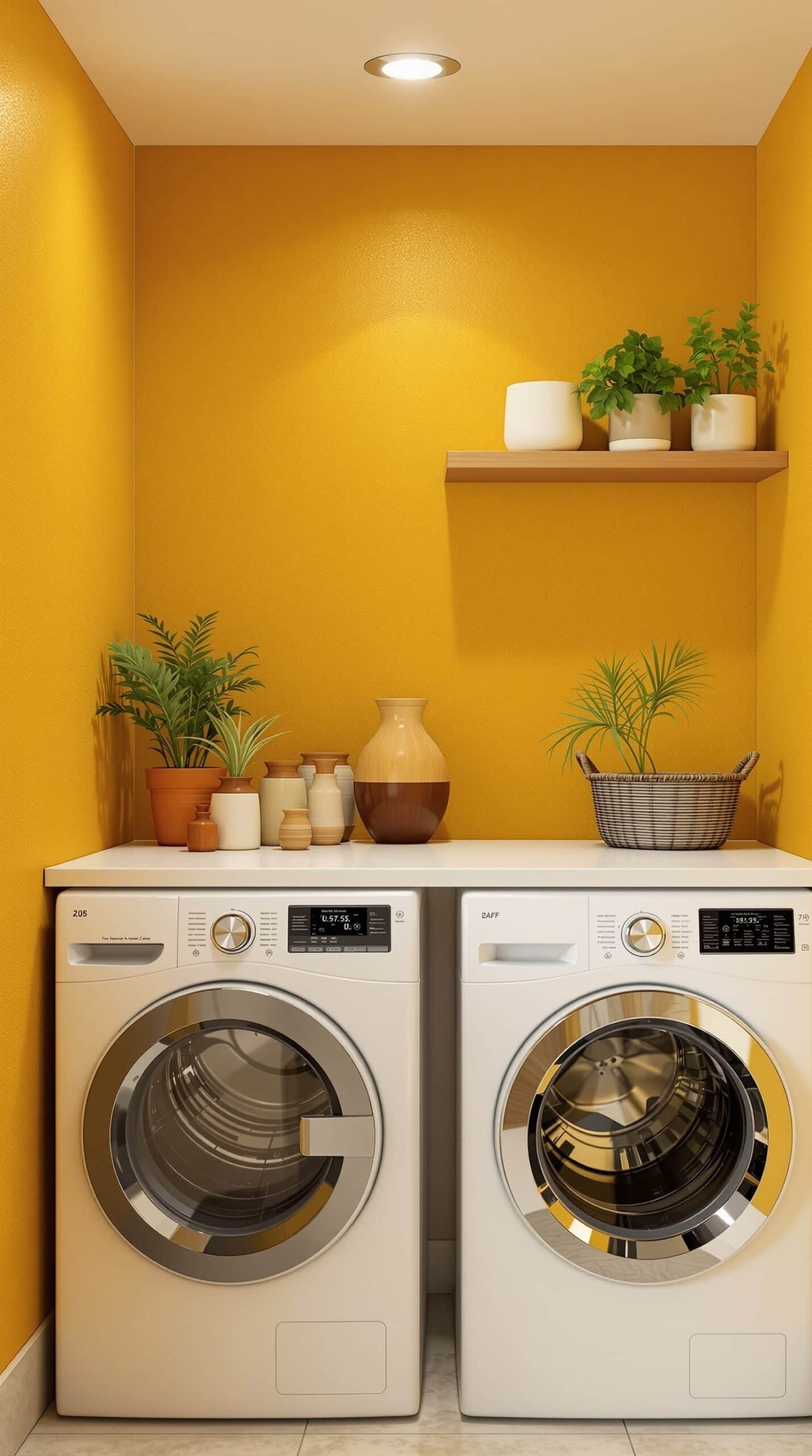 Laundry room with textured mustard yellow walls, white appliances, and decorative plants.