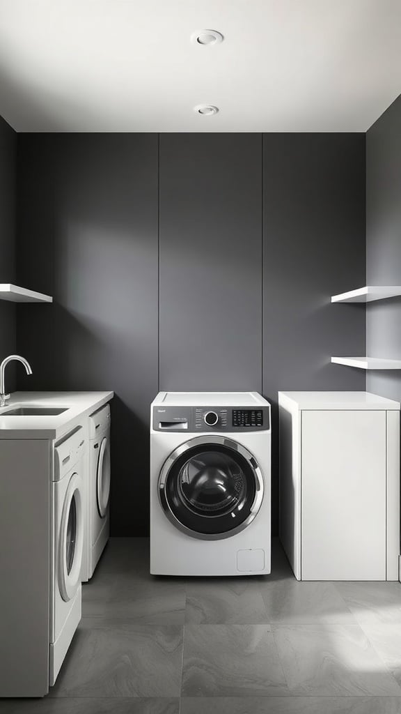 A sleek minimalist laundry room with charcoal gray walls and white appliances.