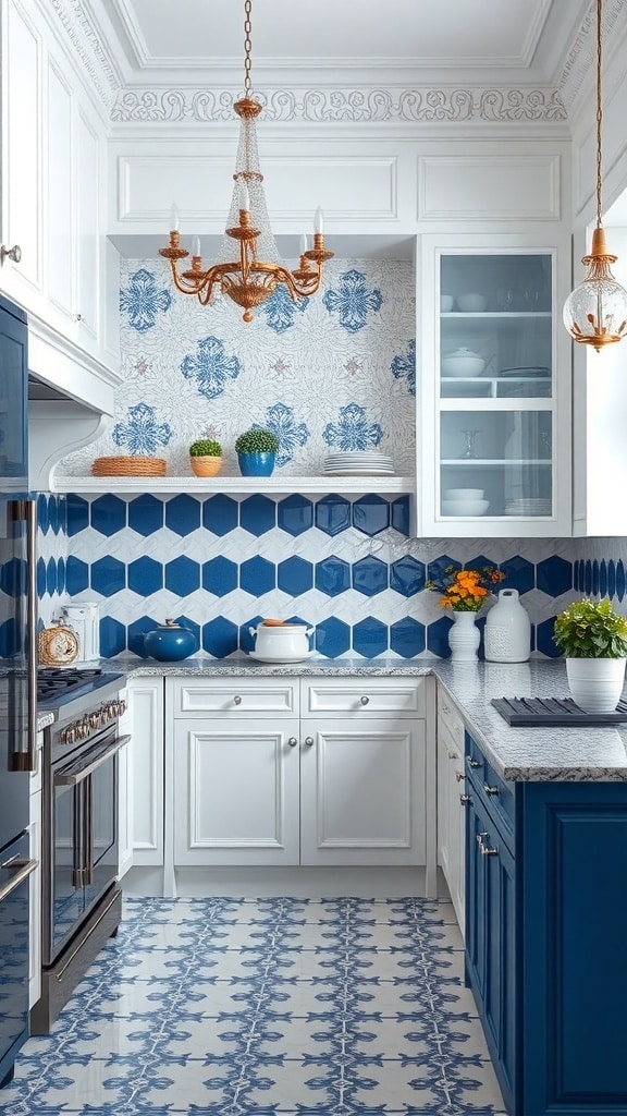 A modern kitchen featuring an indigo and white color scheme with patterned tiles and decorative plants.