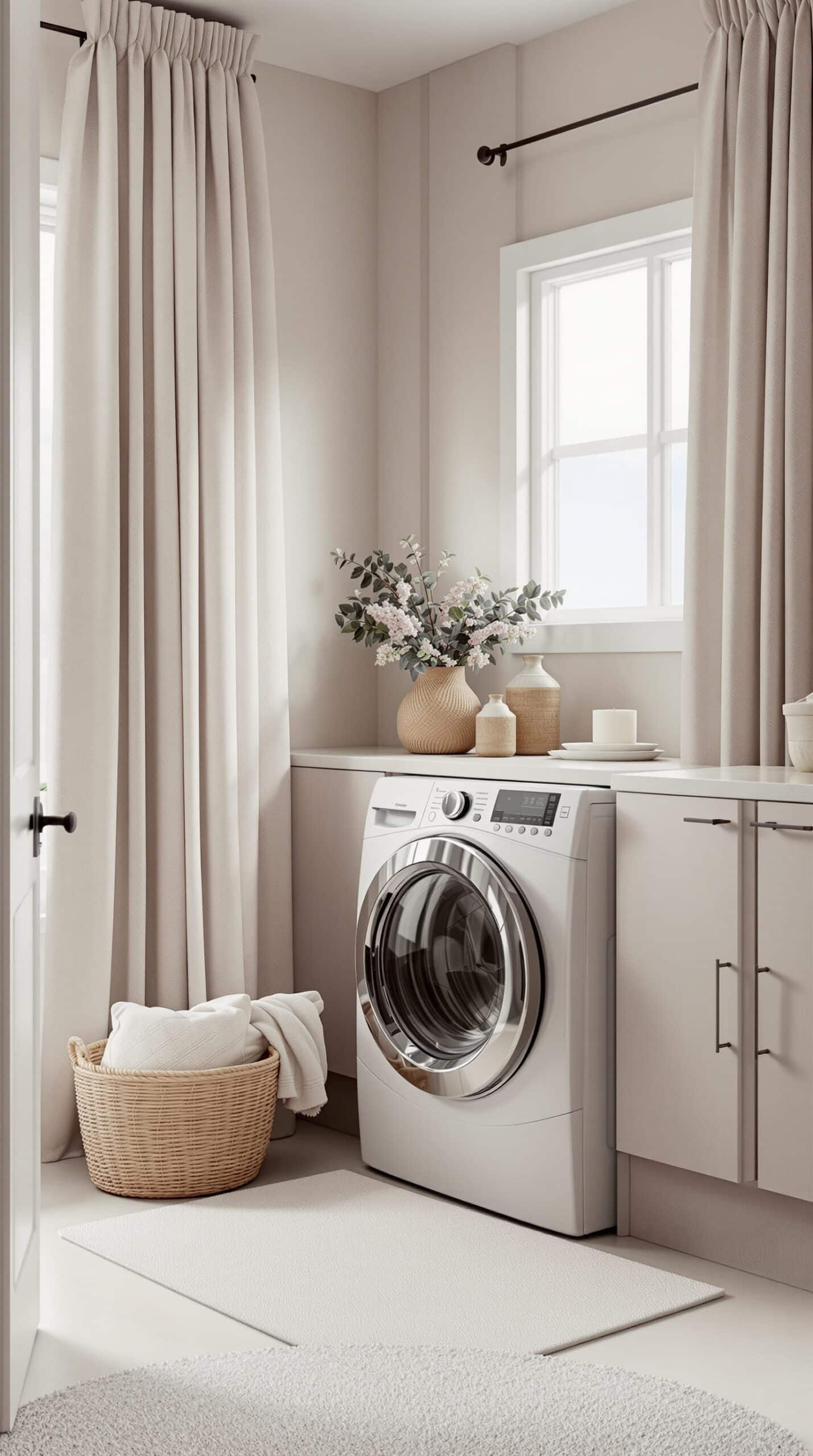 A minimalist greige laundry room featuring a washing machine, soft curtains, a woven basket, and decorative vases.
