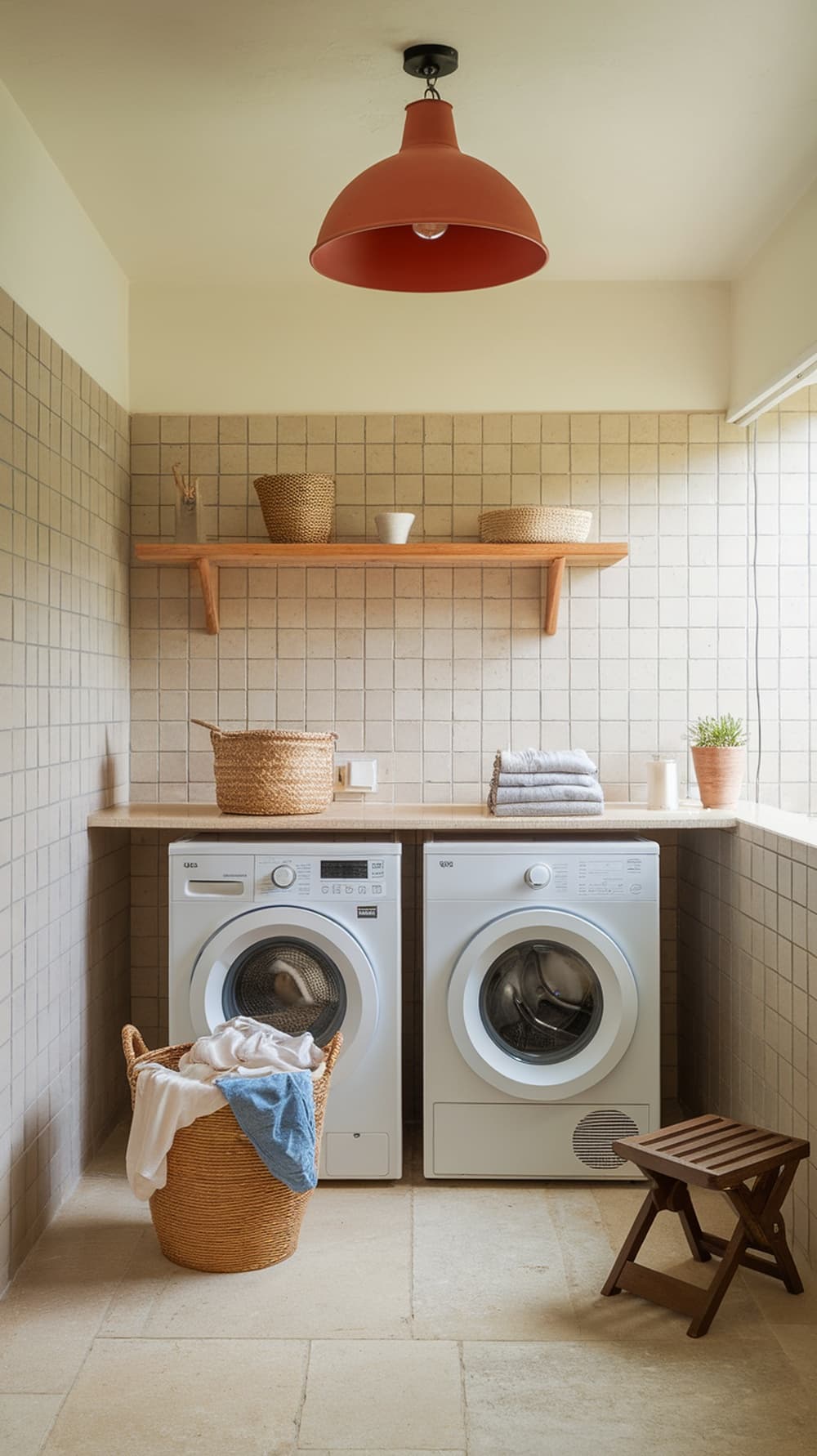 A warm terracotta pendant light hanging above a laundry area with white washing machines and wooden shelves.
