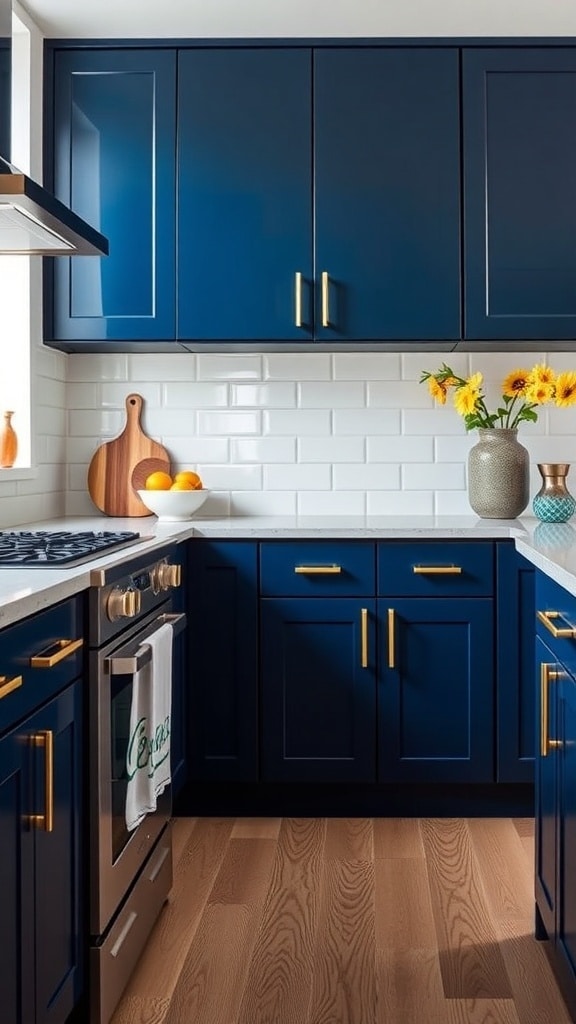 A modern kitchen featuring striking indigo cabinets with gold hardware and a white subway tile backsplash.