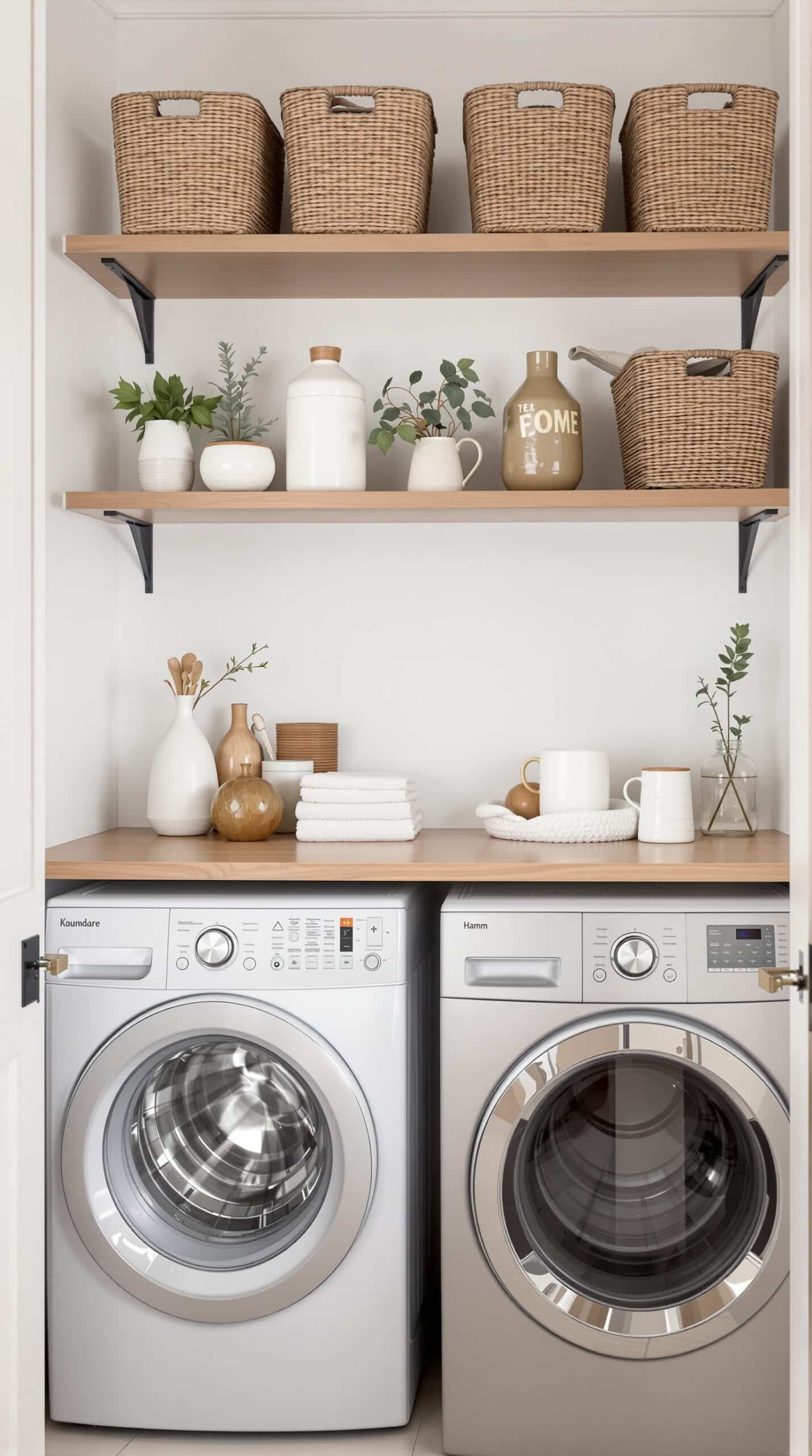Laundry room with open shelving displaying wicker baskets and decorative items