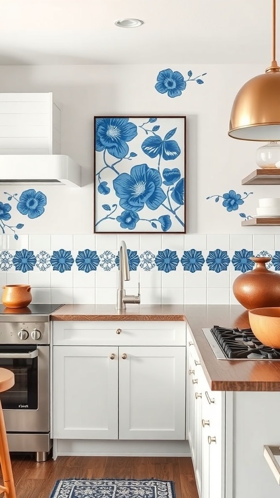 A kitchen featuring indigo wall art with floral designs, showcasing a modern and stylish look.