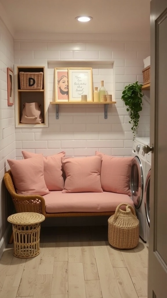 Cozy blush seating area in a laundry room with a wicker sofa, pink cushions, and decorative shelves.