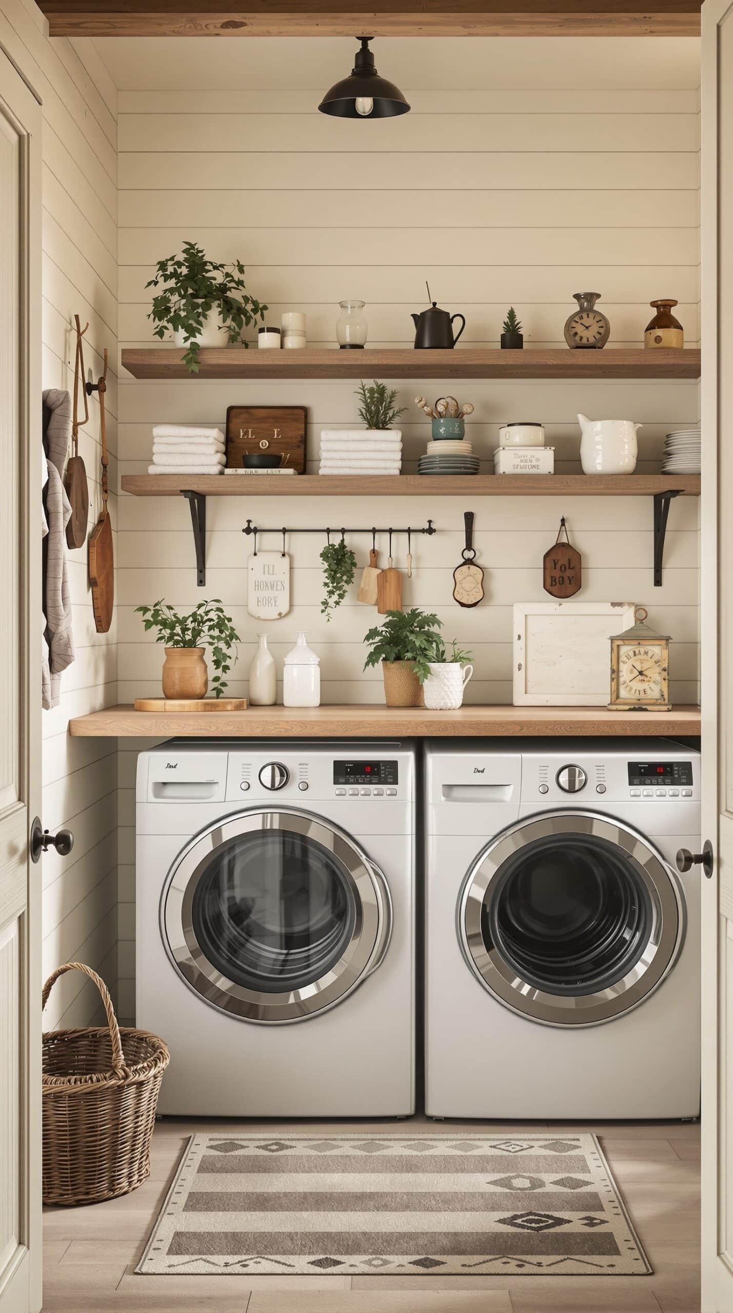 A cozy laundry room featuring white appliances, wooden shelves, and rustic decor.