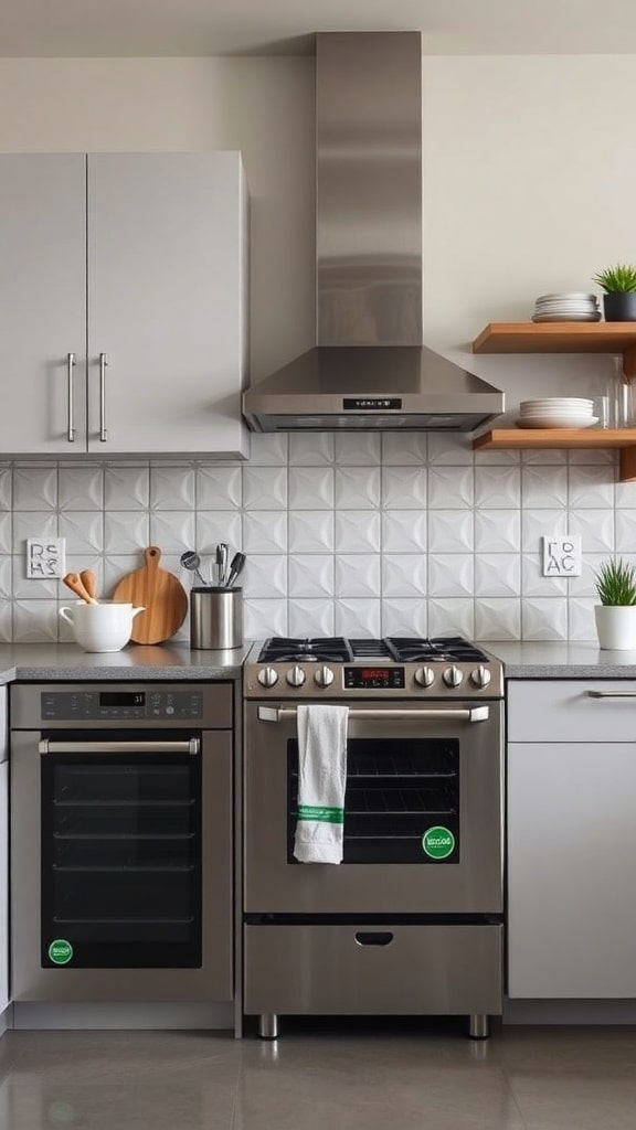 A modern kitchen featuring energy-efficient appliances including a stainless steel oven and a wine cooler.