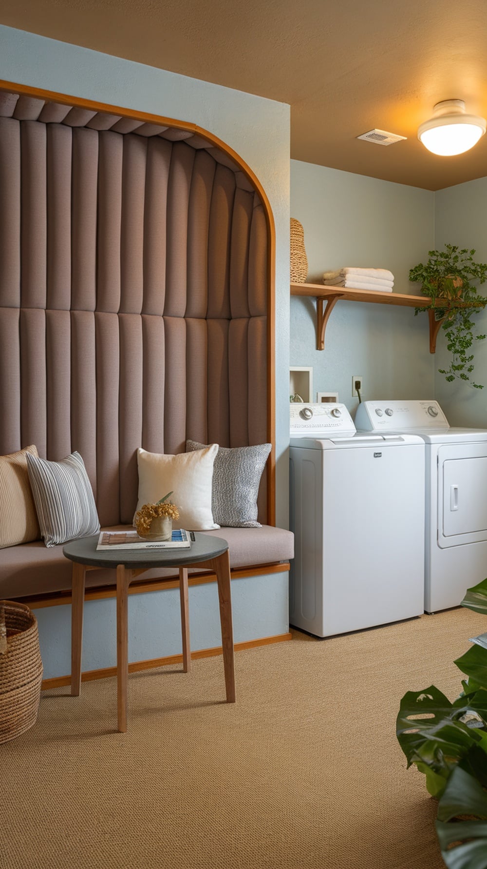 Cozy taupe seating area in a laundry room with a bench, pillows, and a small table.