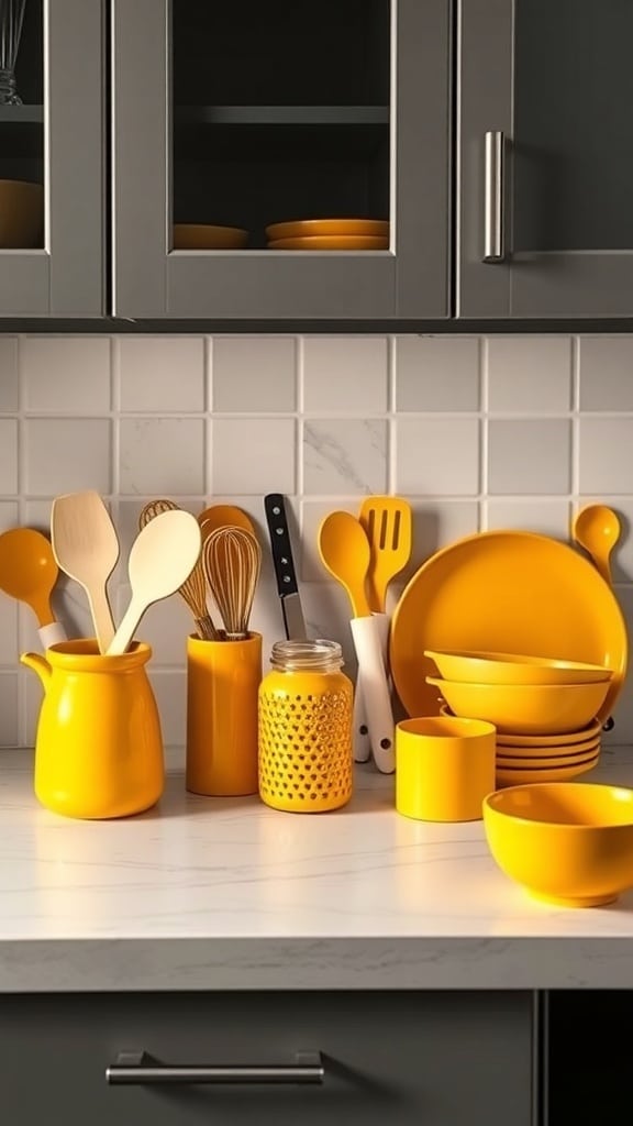 A collection of mustard yellow kitchen accessories on a countertop, including bowls, jars, and utensils.