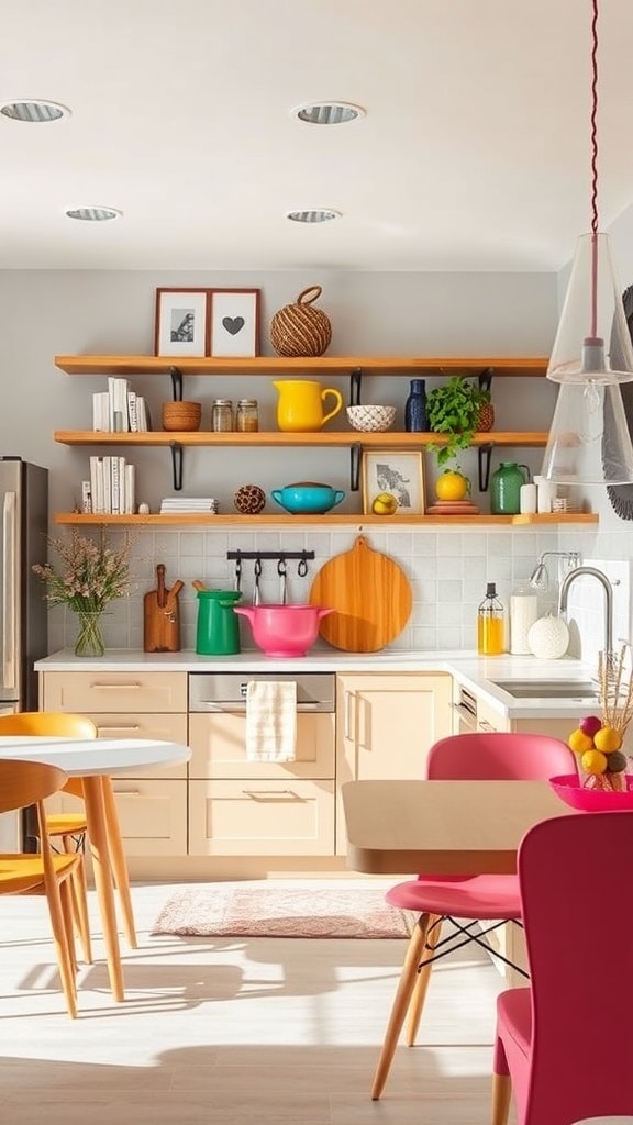 A bright kitchen featuring greige cabinets and colorful accents like yellow and turquoise dishes, pink chairs, and green plants.