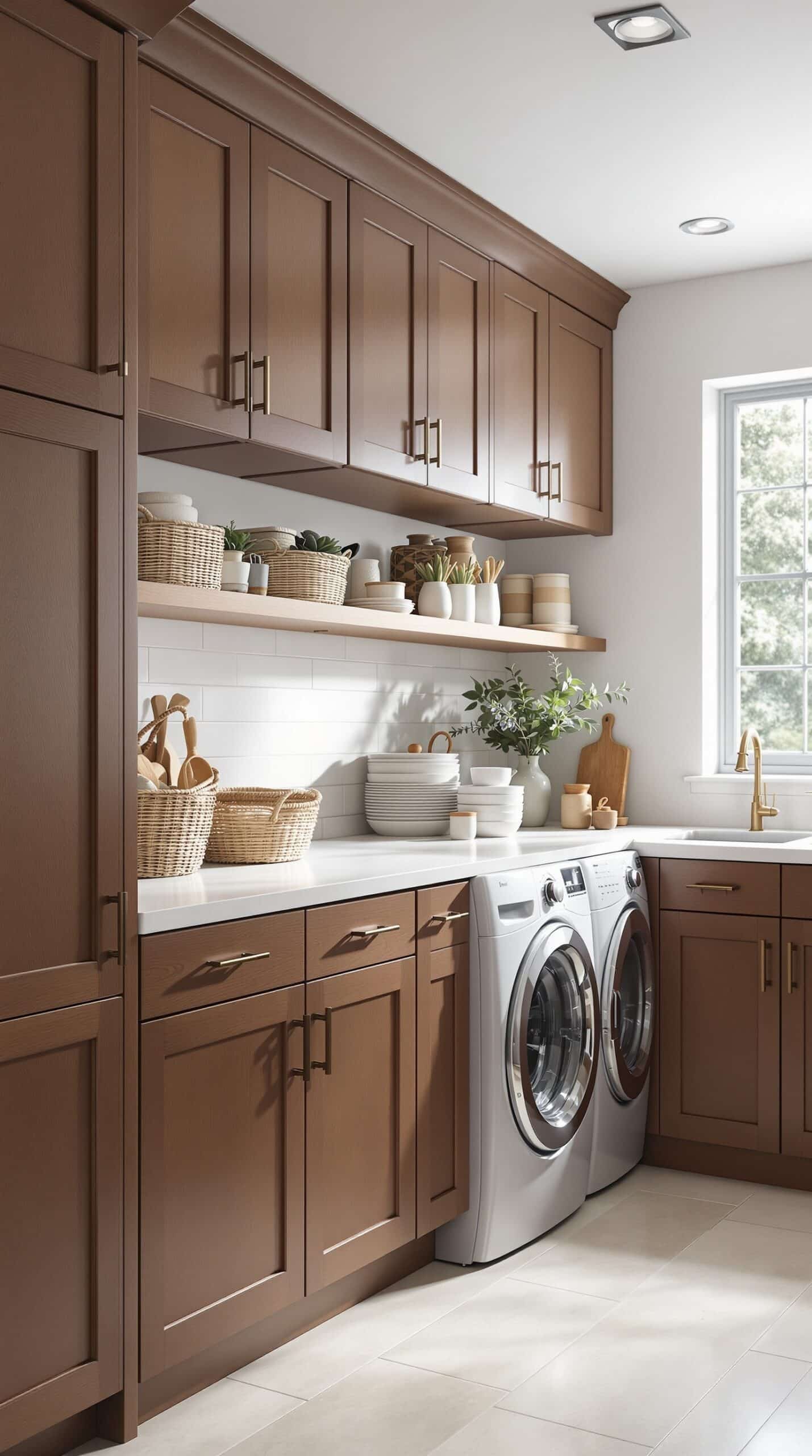 A laundry room featuring rich cocoa cabinets, light countertops, and organized shelves with decorative baskets and plants.