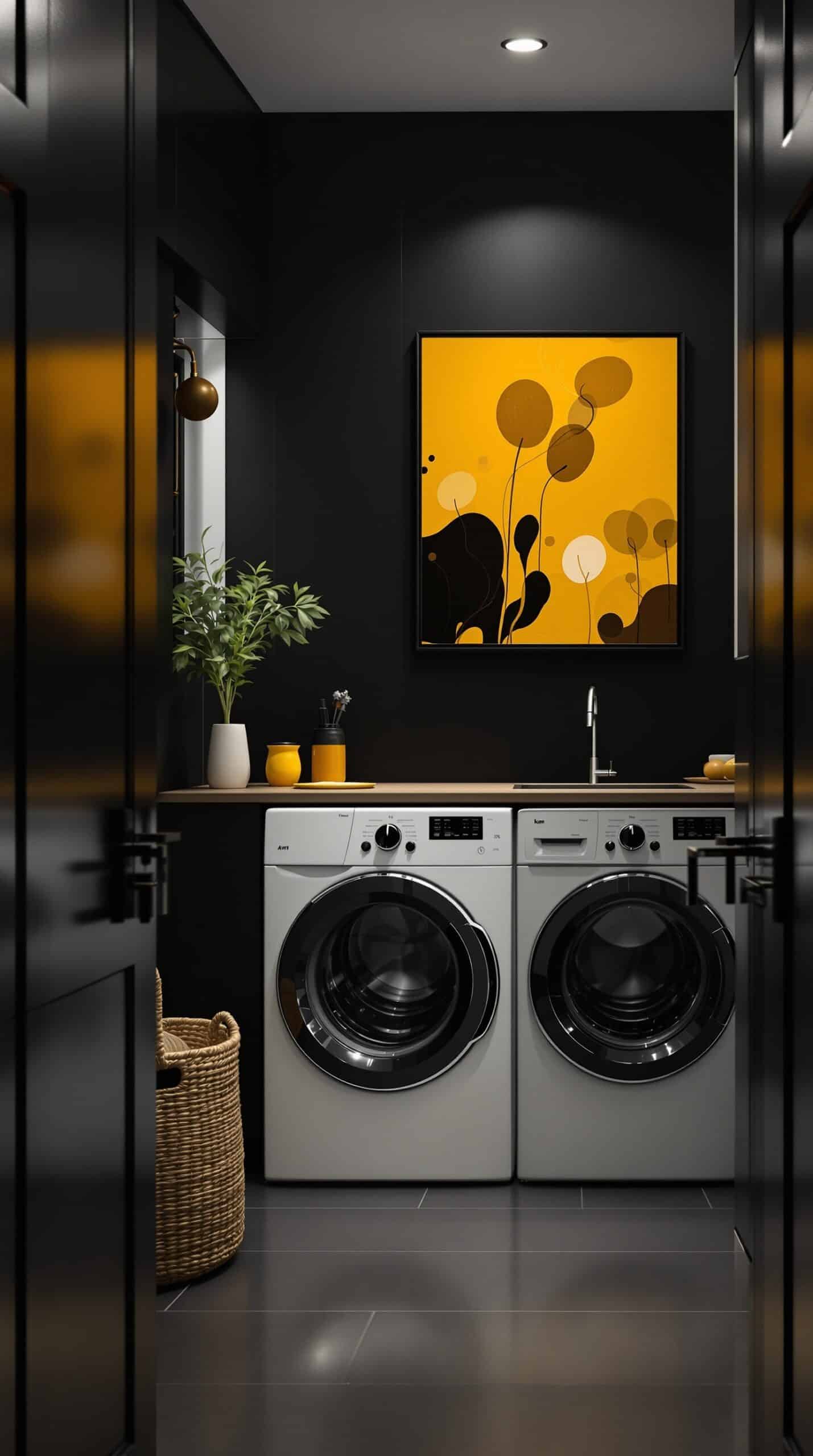 A modern laundry room featuring black walls, white washing machines, and mustard yellow decor elements.