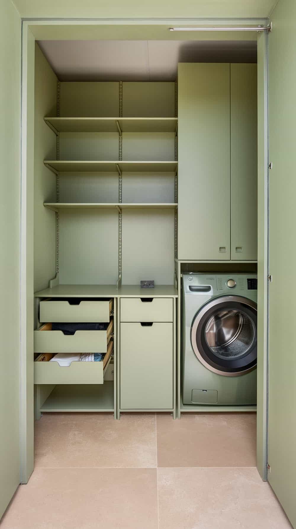 A sage green laundry room featuring organized storage solutions with shelves and drawers.