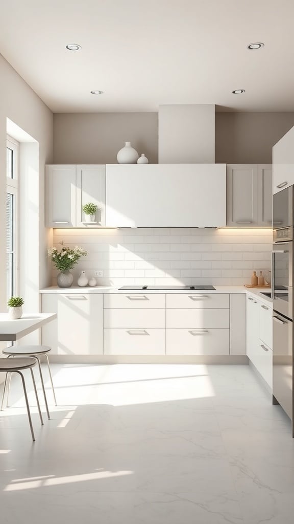 A modern kitchen featuring a greige and white color palette with bright cabinetry and natural light.