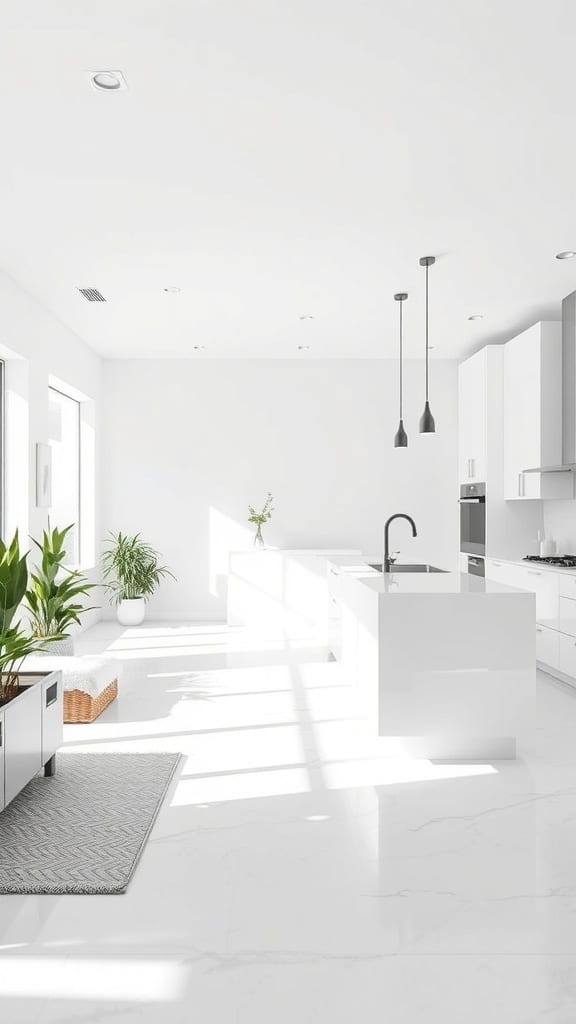 A minimalist white kitchen with an open concept layout, featuring a large island, natural light, and plants.